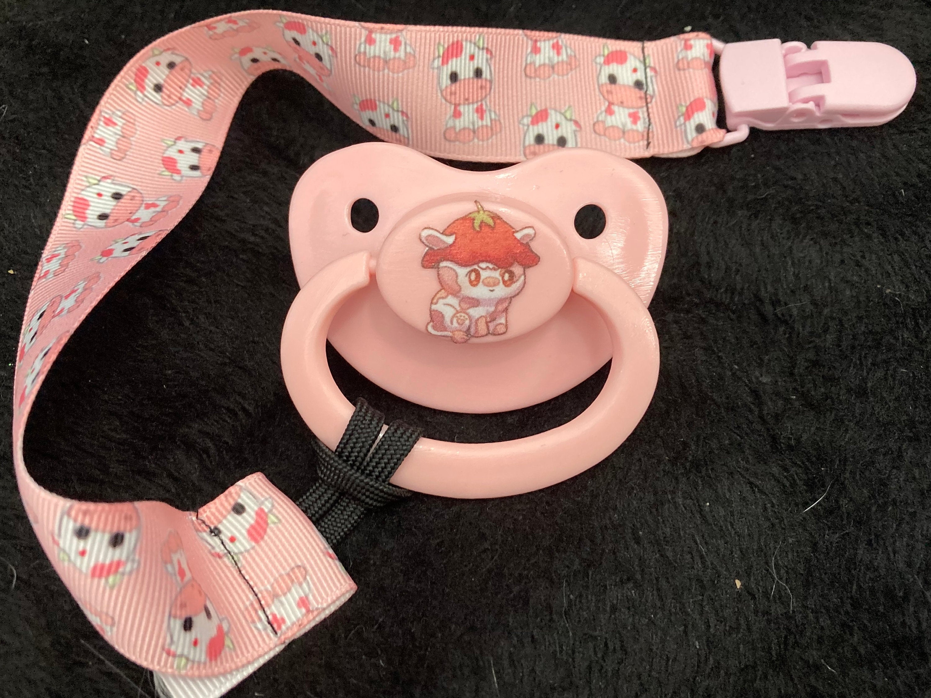 Berry Bovine Adult Pacifier, Strawberry Cow Cottagecore Cute Kawaii Little Space Gear