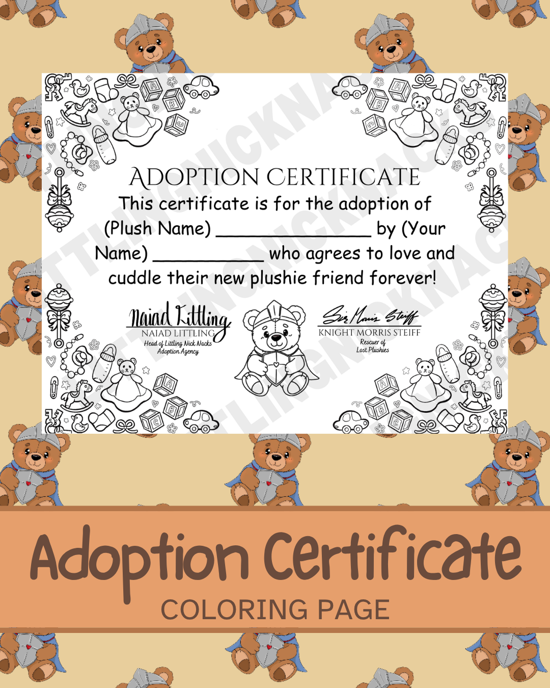 Plush Adoption Certificate Coloring Page