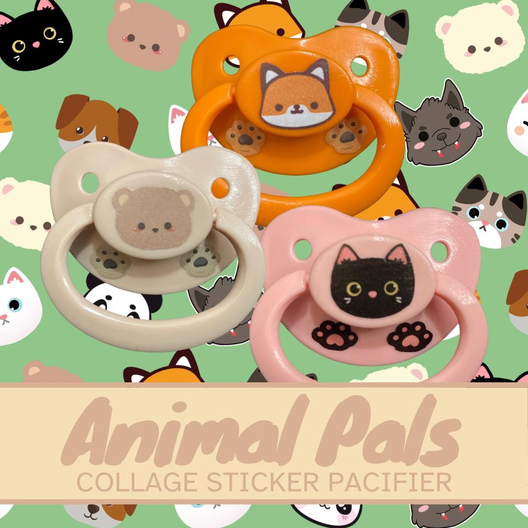 Animal Pals Collage Adult Pacifier, Various Styles, Cat, Dog, Bear, Fox, Little Space Gear